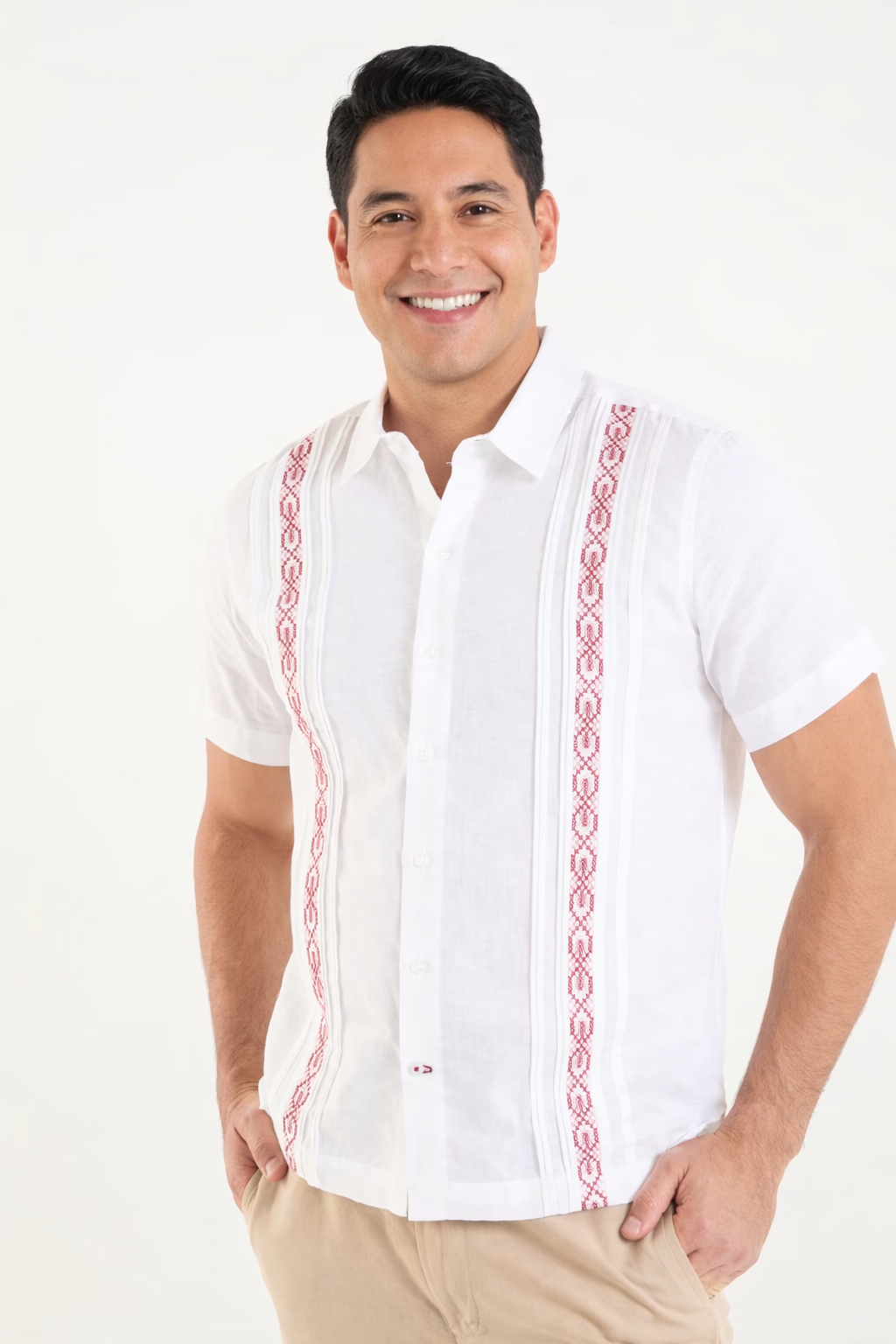 Camisa Guayabera Blanca con Bordado Rojo – Estilo Tradicional