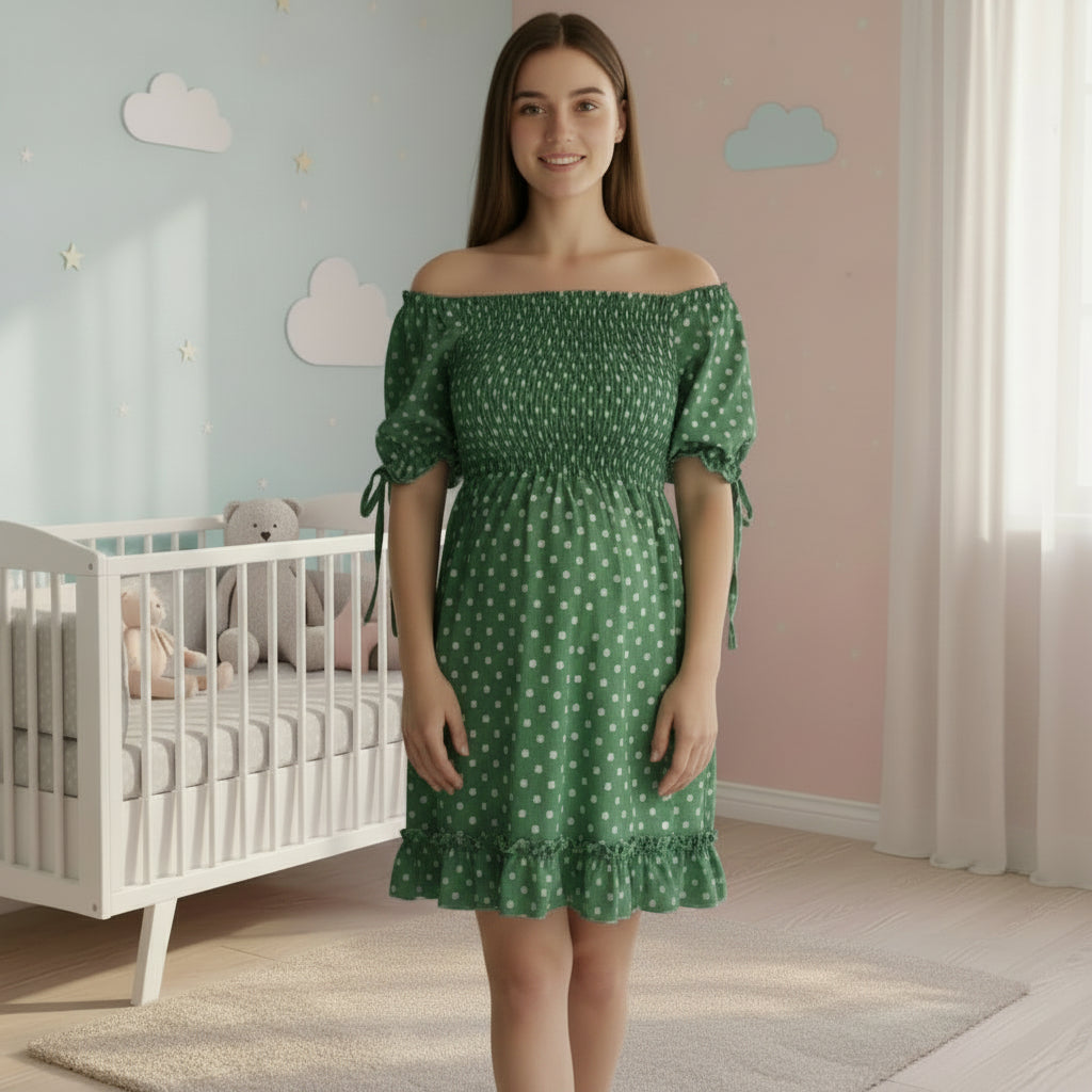 Vestido unitalla de maternidad verde, azul, blanco y rojo con lunares blancos – estilo fresco y femenino