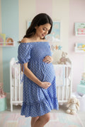 Vestido unitalla de maternidad verde, azul, blanco y rojo con lunares blancos – estilo fresco y femenino