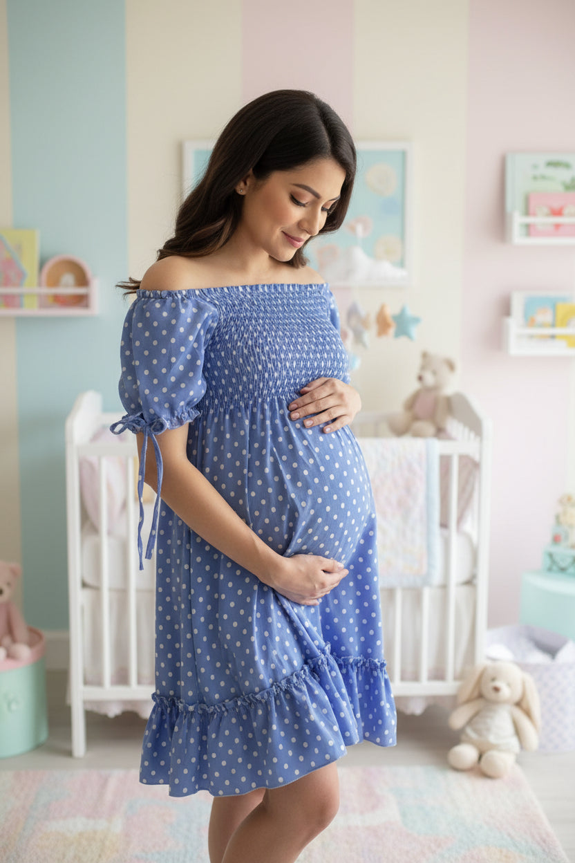 Vestido unitalla de maternidad verde, azul, blanco y rojo con lunares blancos – estilo fresco y femenino