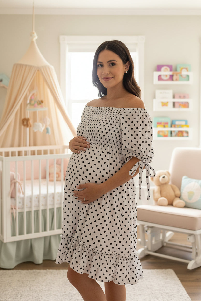 Vestido unitalla de maternidad verde, azul, blanco y rojo con lunares blancos – estilo fresco y femenino