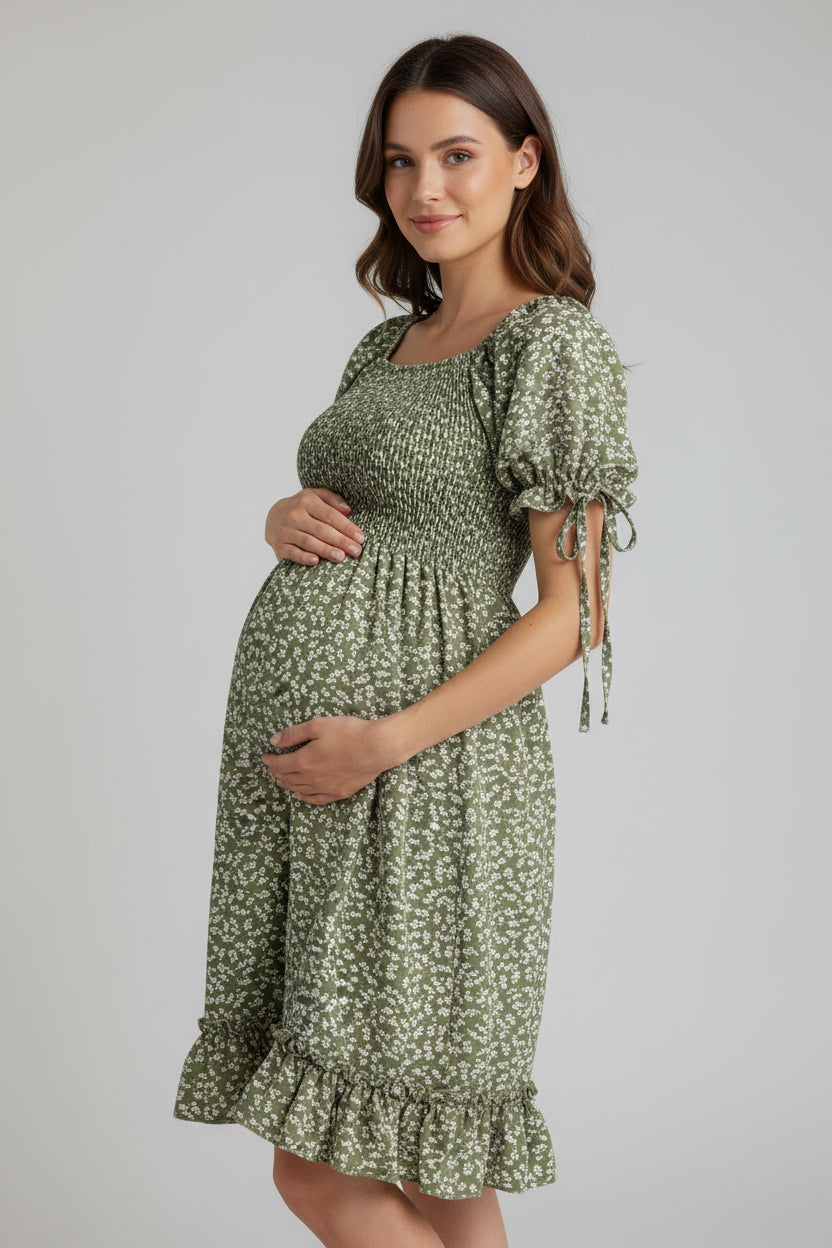 Vestido de embarazo estampado floral y con vuelo color verde, rosa, marino y terracota