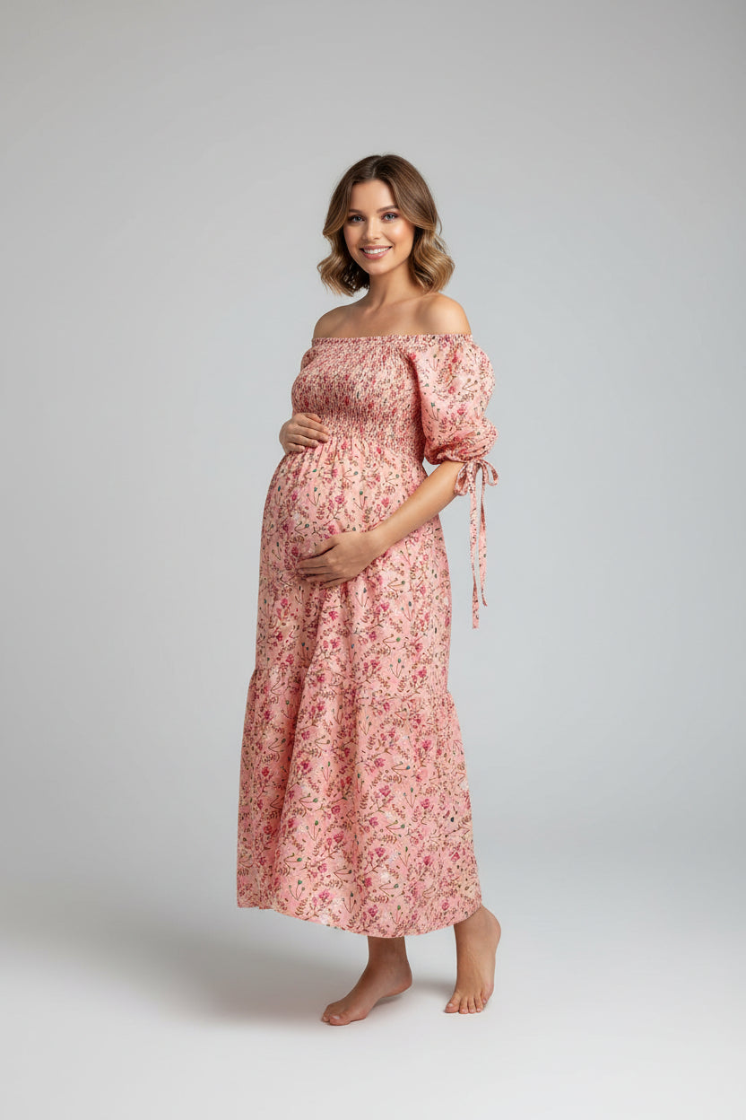 Vestido largo floreado de maternidad para baby shower, fotos o el día a día